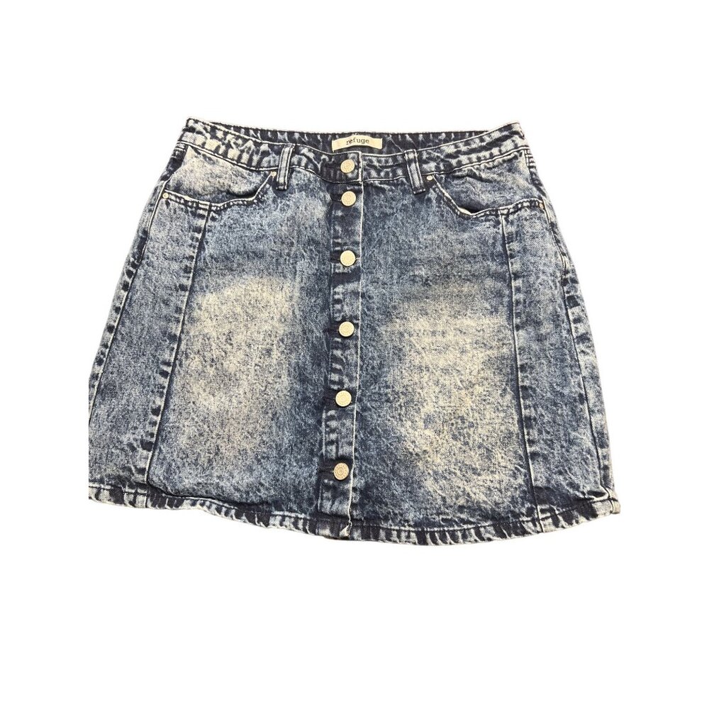 Refuge Acid Wash Denim Button-Front Mini Skirt Silver Tone Hardware Size L